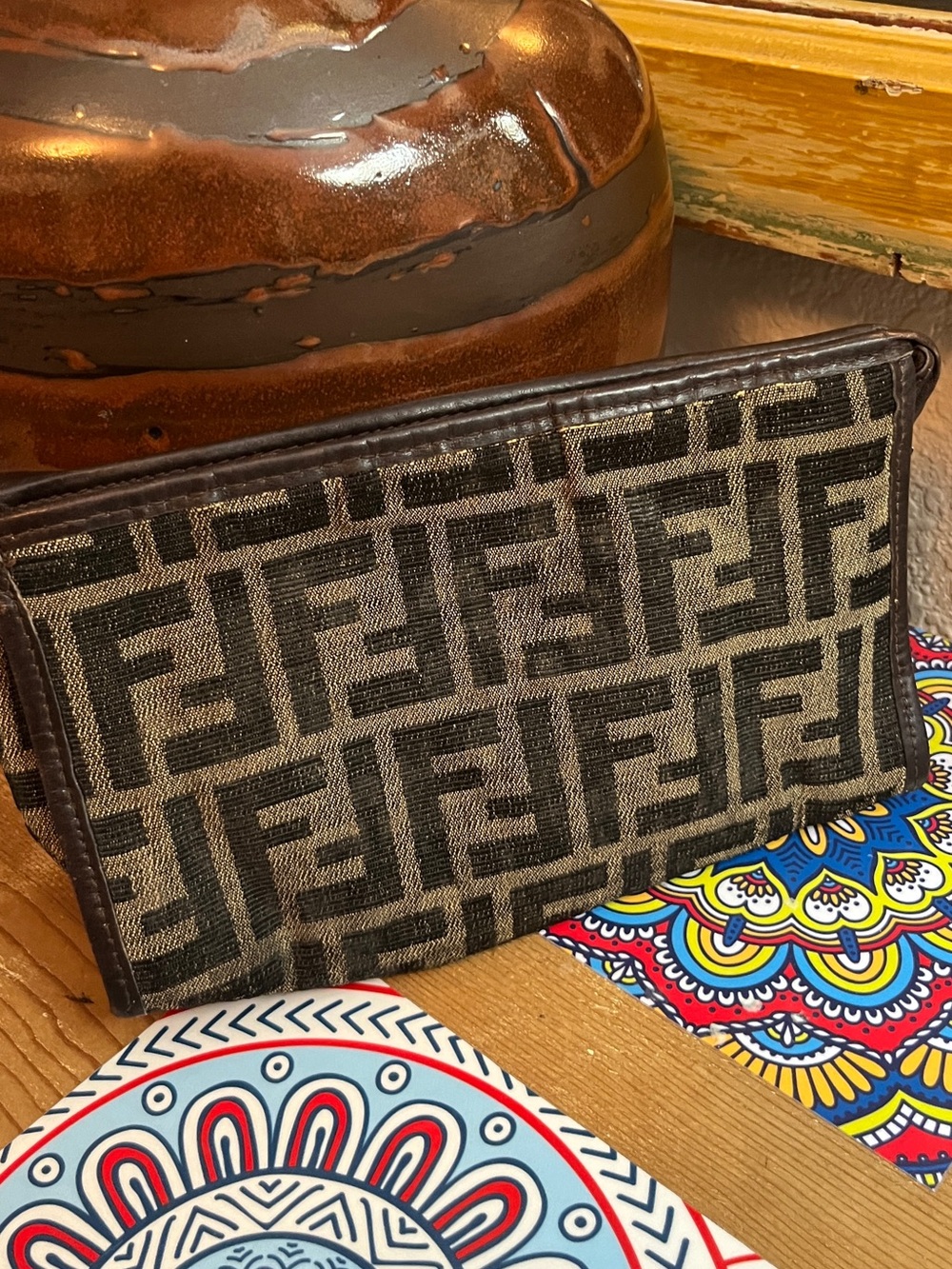 Fendi Brown & Dark Brown FF Logo Small Clutch Vintage 1970-1980 - Picture 2 of 15